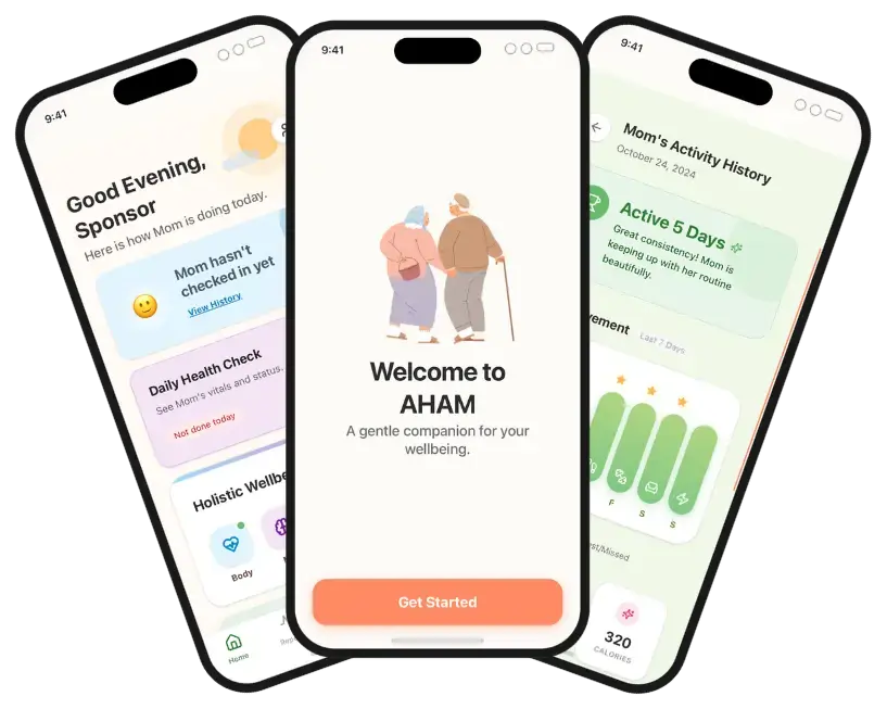 AHAM iOS and Android apps shown on three phones