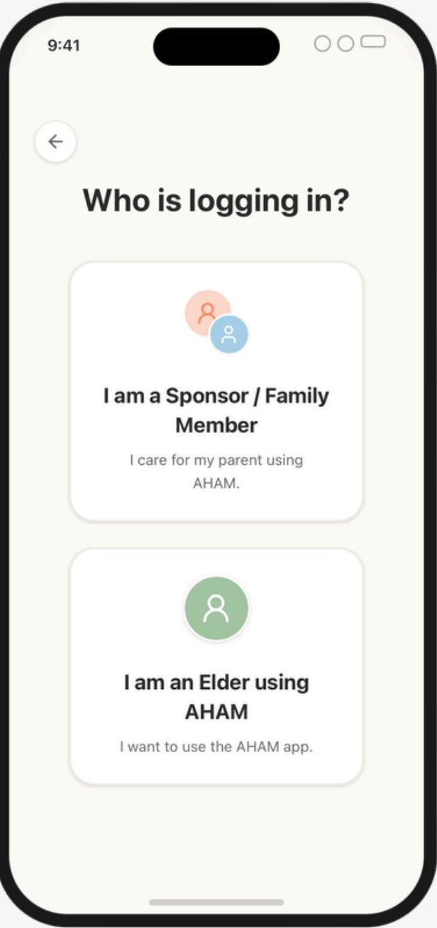 AHAM elder login screen on mobile