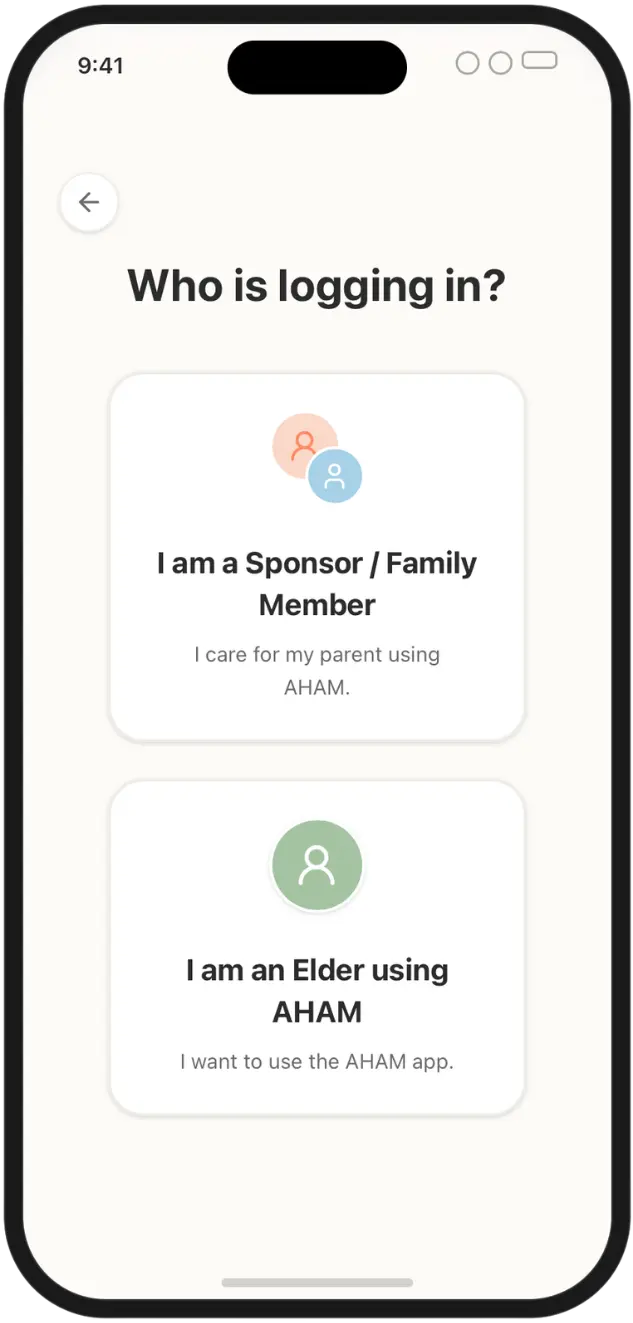 AHAM elder login screen on mobile