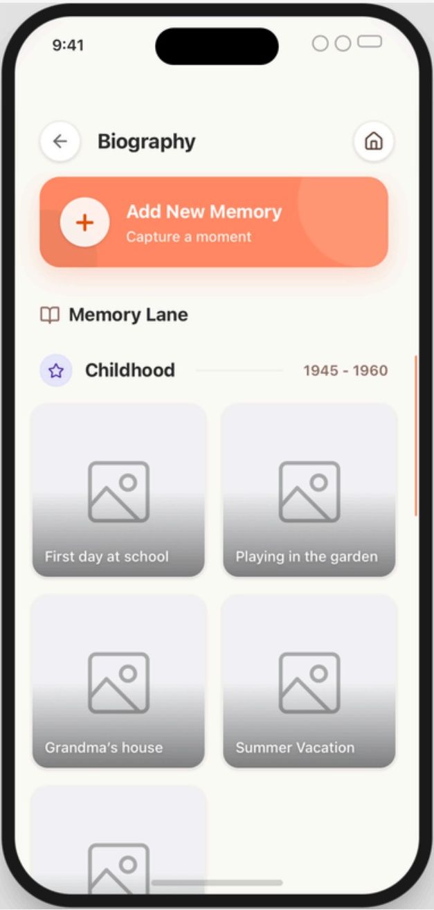 Memory Lane biography feature in the AHAM app