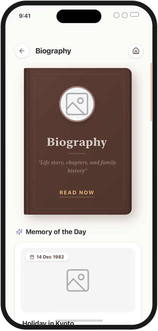 Memory Lane biography feature in the AHAM app