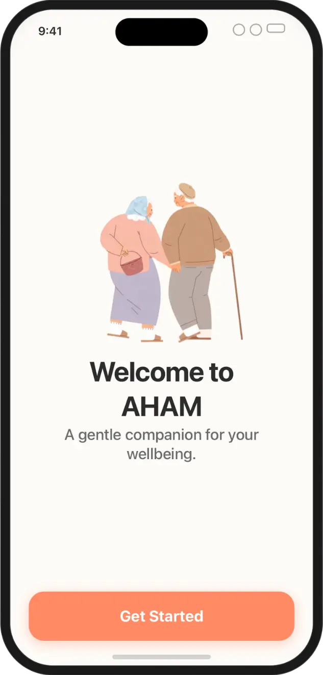 AHAM iOS and Android apps shown on three phones