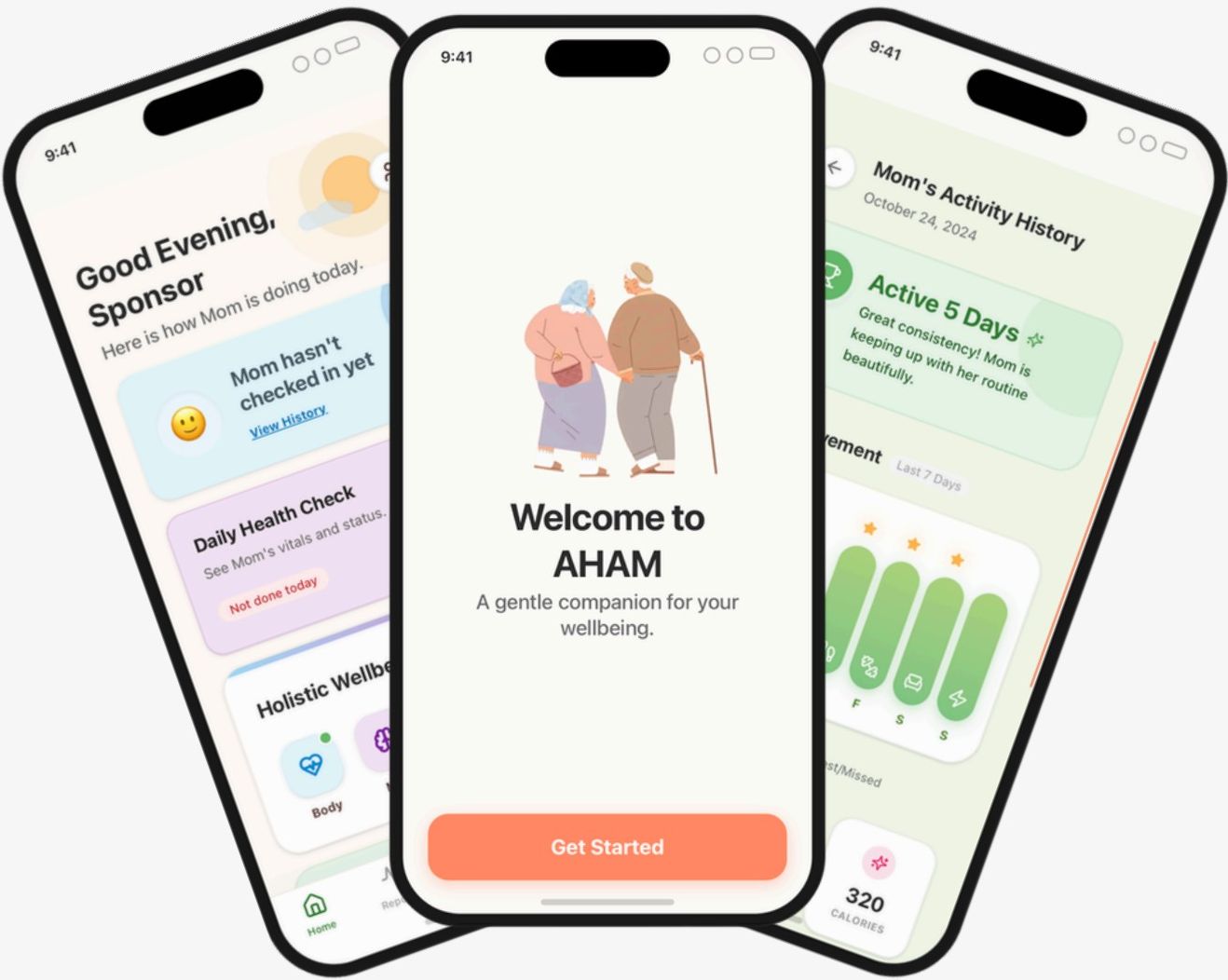 AHAM iOS and Android apps shown on three phones