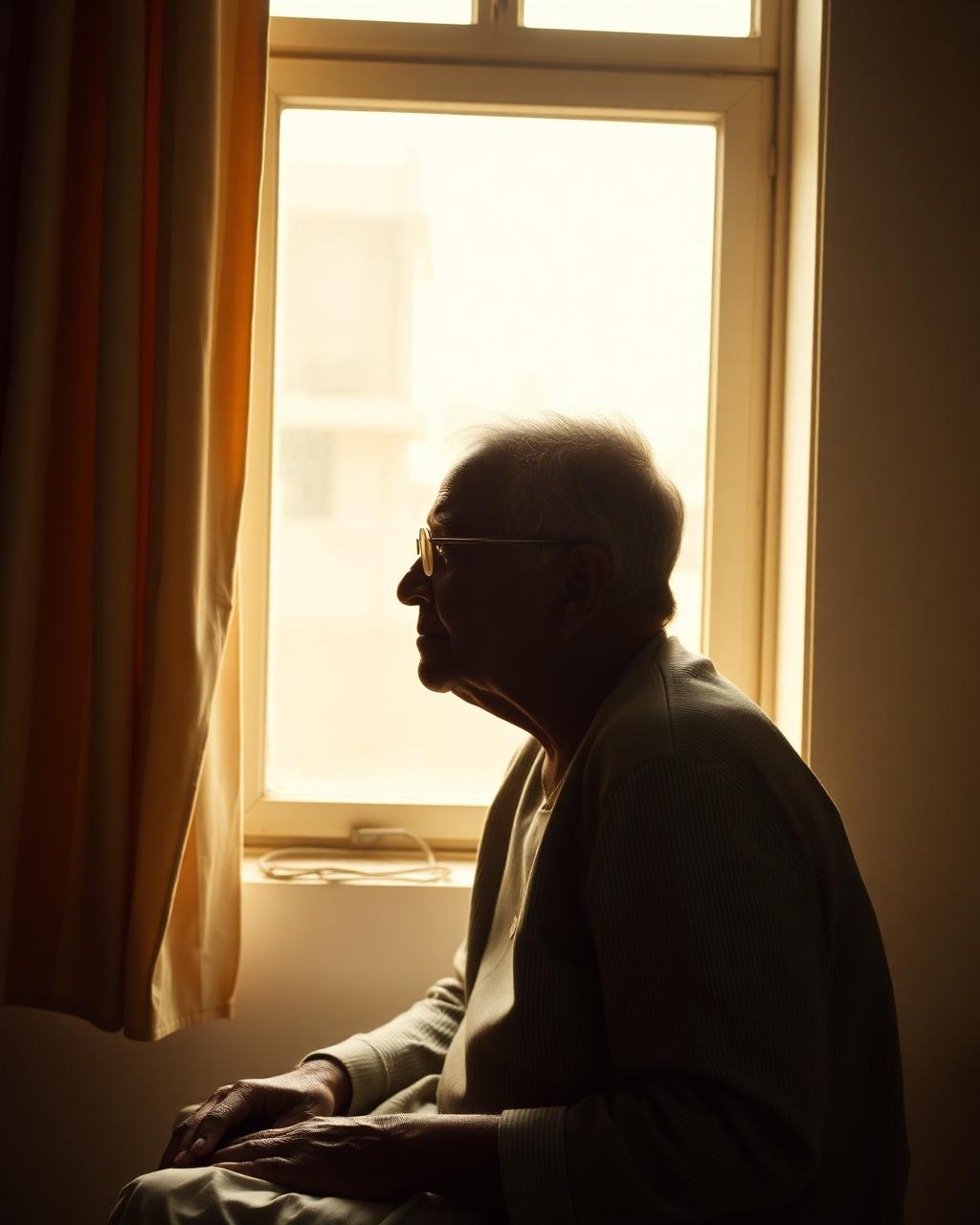 An elderly parent sitting quietly by a sunlit window, lost in thought